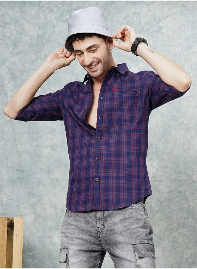 شركة المرآب الهندية Men Slim Fit Checkered Full Sleeves Cutaway Collar Casual Shirt