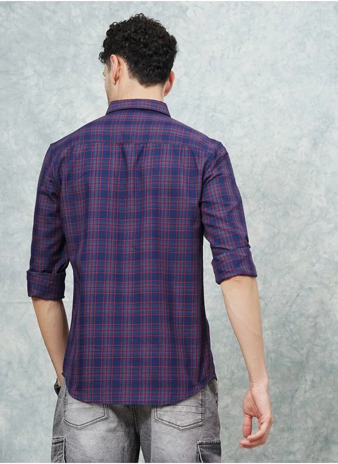 شركة المرآب الهندية Men Slim Fit Checkered Full Sleeves Cutaway Collar Casual Shirt