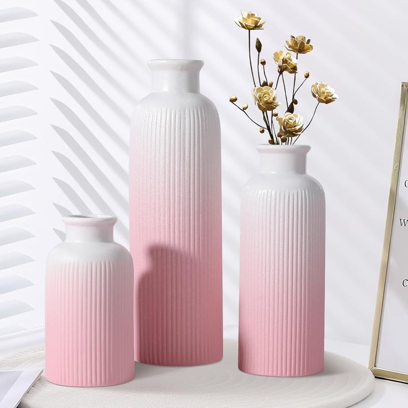 GUKJOB Small Gradient Pink Ceramic Vase Set of 3, Boho Modern Flower Vase Room Decor, Farmhouse Decor, Vases for Your Kitchen, Bathroom, Bedroom, Living Room, Office&Shelf Centerpiece Table Decorations - Image 4
