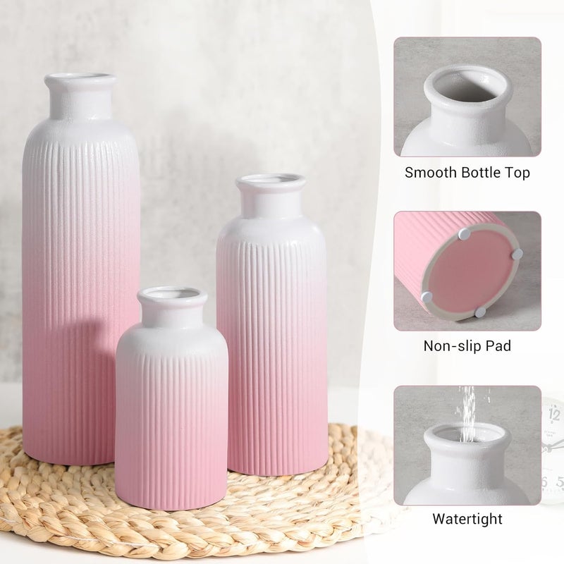 GUKJOB Small Gradient Pink Ceramic Vase Set of 3, Boho Modern Flower Vase Room Decor, Farmhouse Decor, Vases for Your Kitchen, Bathroom, Bedroom, Living Room, Office&Shelf Centerpiece Table Decorations - Image 5