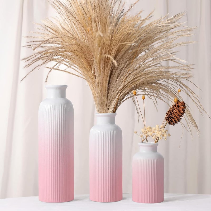 GUKJOB Small Gradient Pink Ceramic Vase Set of 3, Boho Modern Flower Vase Room Decor, Farmhouse Decor, Vases for Your Kitchen, Bathroom, Bedroom, Living Room, Office&Shelf Centerpiece Table Decorations - Image 2