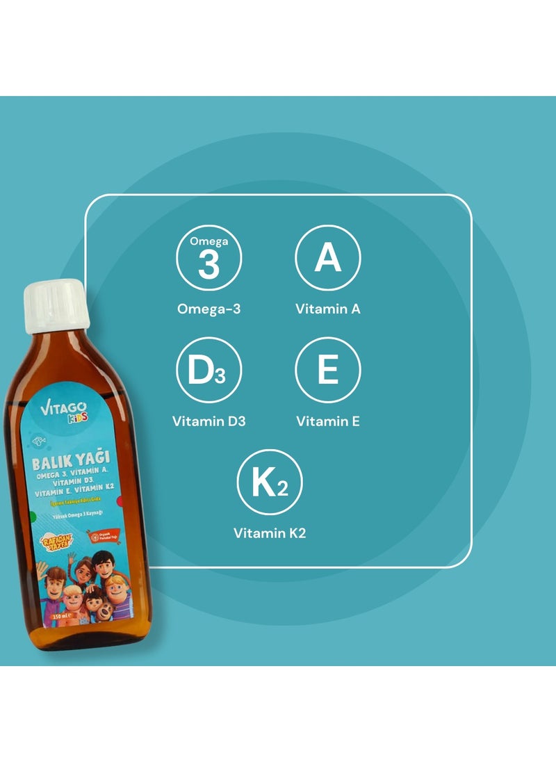 Vitago Kids Organic Orange 150 ml Syrup Containing Fish Oil, Omega 3, Vitamin A, D3, E, K2