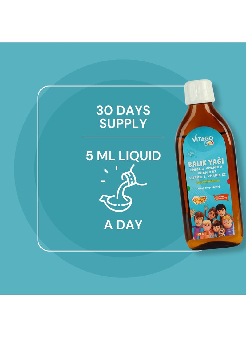 Vitago Kids Organic Orange 150 ml Syrup Containing Fish Oil, Omega 3, Vitamin A, D3, E, K2