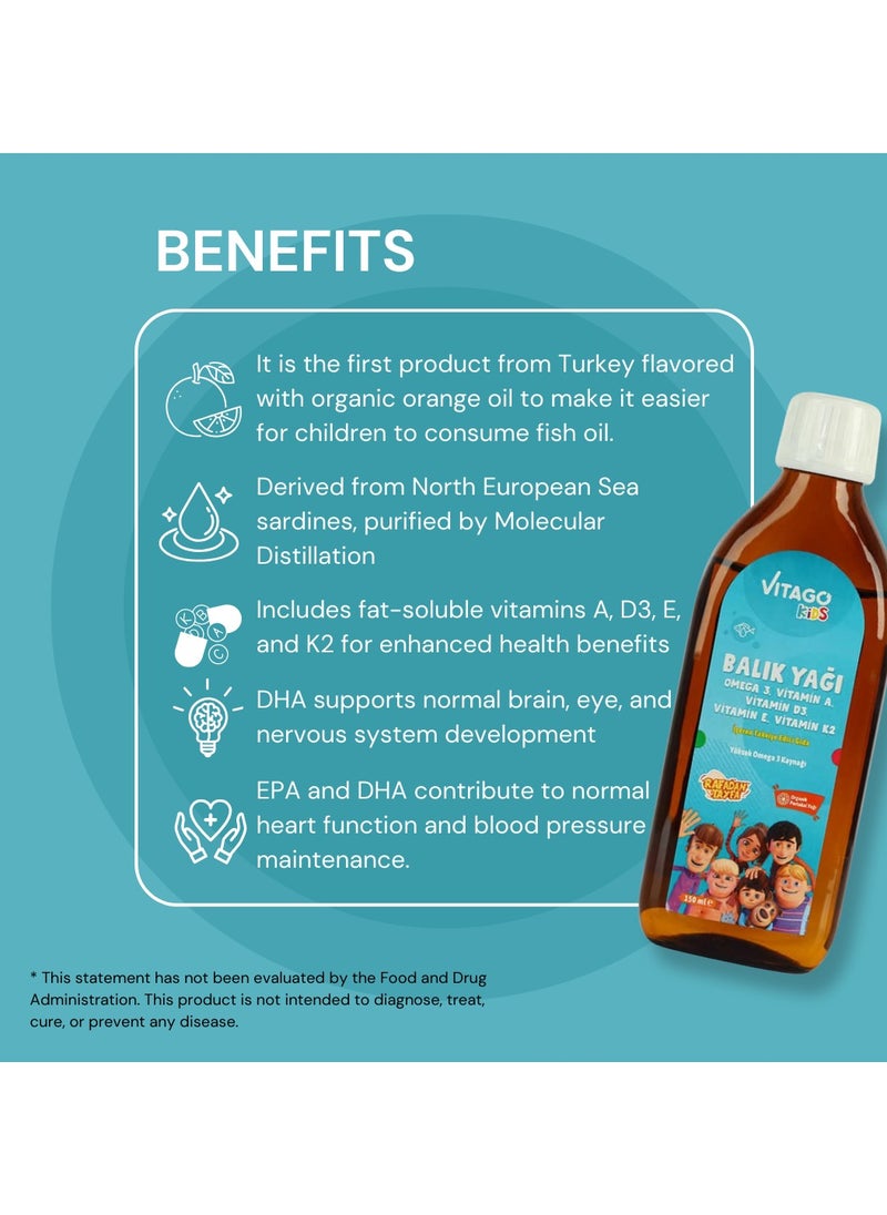 Vitago Kids Organic Orange 150 ml Syrup Containing Fish Oil, Omega 3, Vitamin A, D3, E, K2