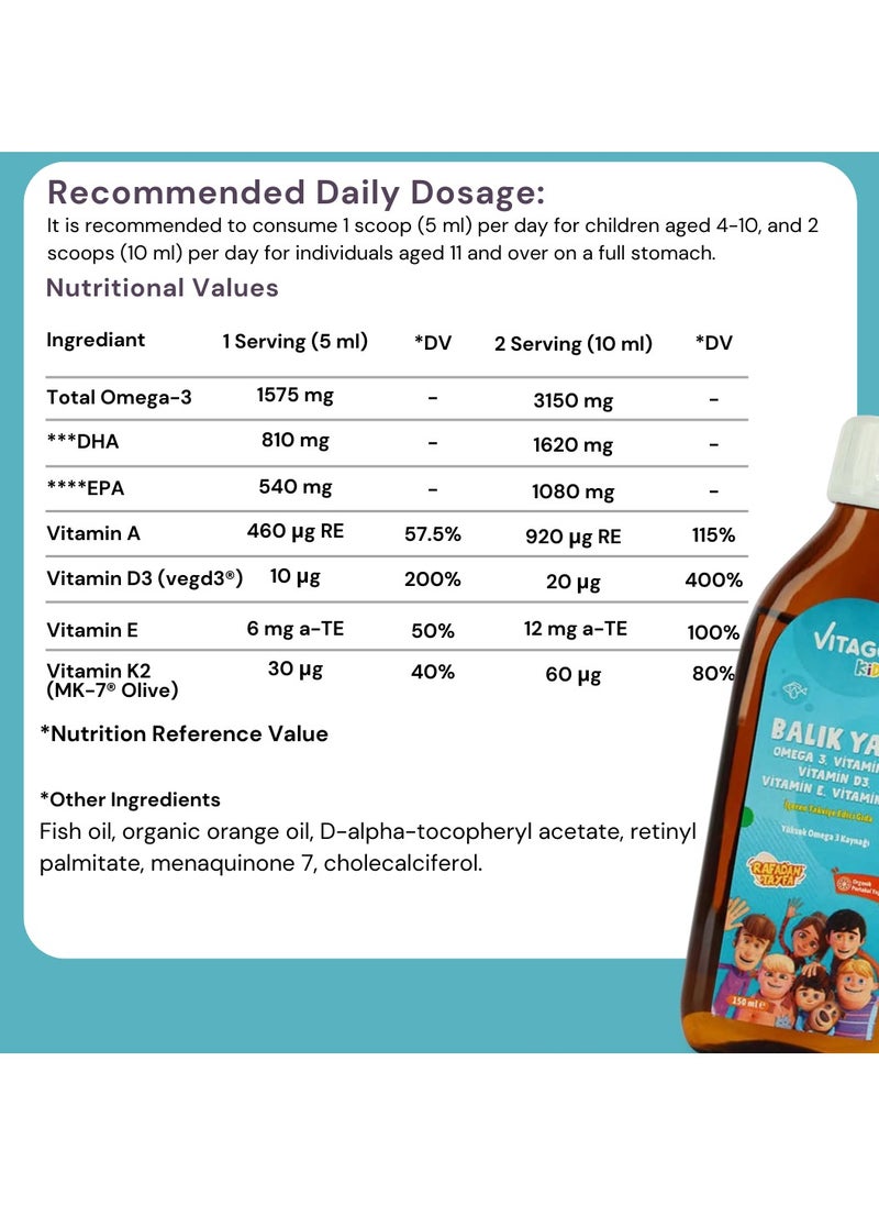 Vitago Kids Organic Orange 150 ml Syrup Containing Fish Oil, Omega 3, Vitamin A, D3, E, K2