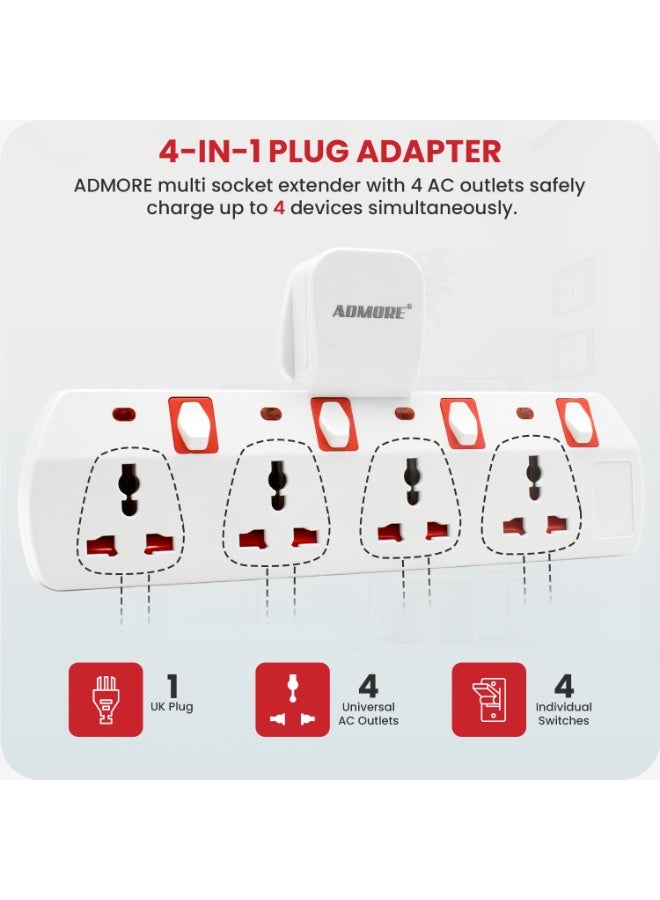 أدمور مشترك كهربائي 4 منافذ - محول طاقة عالمي وموزع مقابس - موسع مقبس حائط كهربائي مدمج للمكتب المنزلي والسفر والمطبخ - Image 2