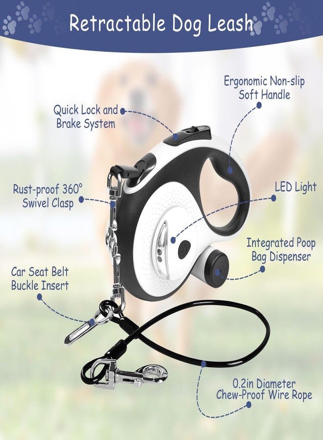 VTOPVMAX 26Ft Retractable Dog Leash - for Dog Up to 110lbs, Tangle Free Walking Leash with Chew Proof Cable | LED Light | Dispenser | Poop Bags, Quick Lock Braking & Non-Slip Handle (White) - Image 3