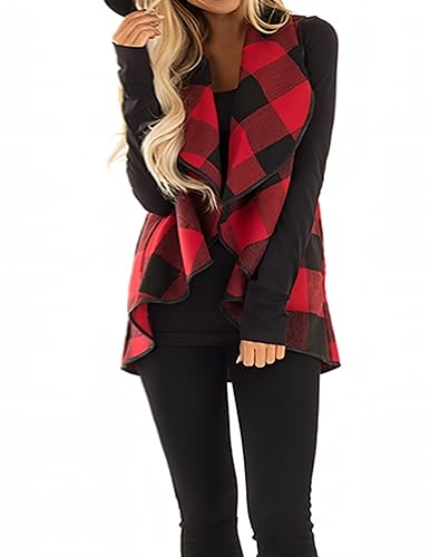 Unidear Womens Lapel Lightweight Sleeveless Open Front Plaid Vest Cardigan Coat with Pockets #2Red M - Image 4