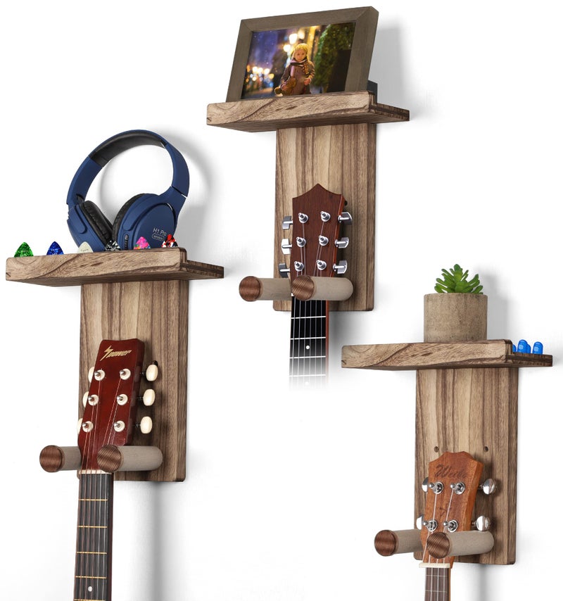 Keebofly 3Pack Guitar Wall Mount Hangers  Rustic Wood Brown Guitar Stand with Pick Holder  Acoustic Electric Ukulele Bass  Mandolin Patented