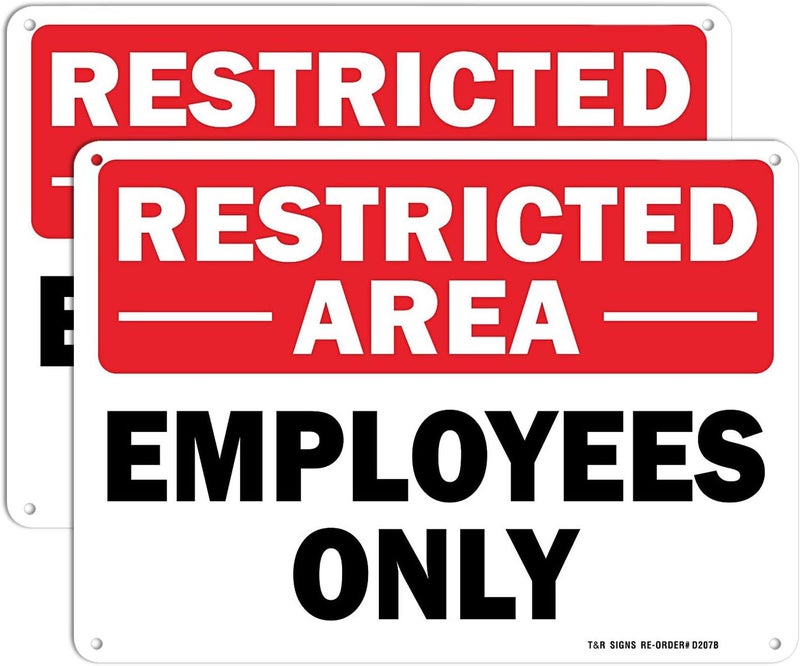 TR Restricted Area Sign Employees Only Sign - 2 Pack - 10 x 7 Inches Rust Free .040 Aluminum - UV Protected, Waterproof, Weatherproof and Fade Resistant - 4 Pre-drilled Holes - Image 1