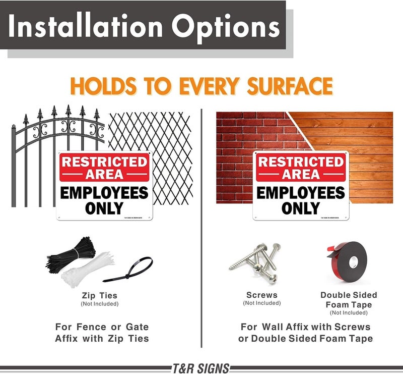 TR Restricted Area Sign Employees Only Sign - 2 Pack - 10 x 7 Inches Rust Free .040 Aluminum - UV Protected, Waterproof, Weatherproof and Fade Resistant - 4 Pre-drilled Holes - Image 5