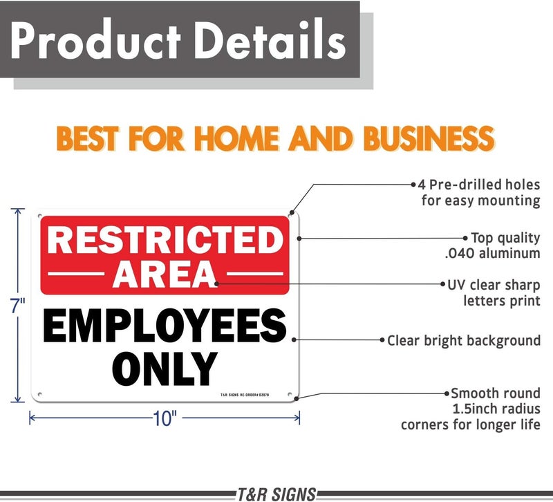 TR Restricted Area Sign Employees Only Sign - 2 Pack - 10 x 7 Inches Rust Free .040 Aluminum - UV Protected, Waterproof, Weatherproof and Fade Resistant - 4 Pre-drilled Holes - Image 2