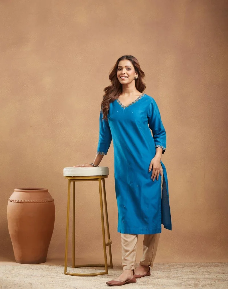 فاب انديا Blue Cotton Silk Hand Embroidered Long Kurta