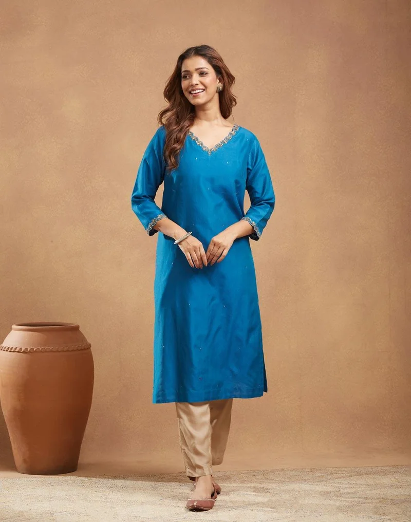 فاب انديا Blue Cotton Silk Hand Embroidered Long Kurta