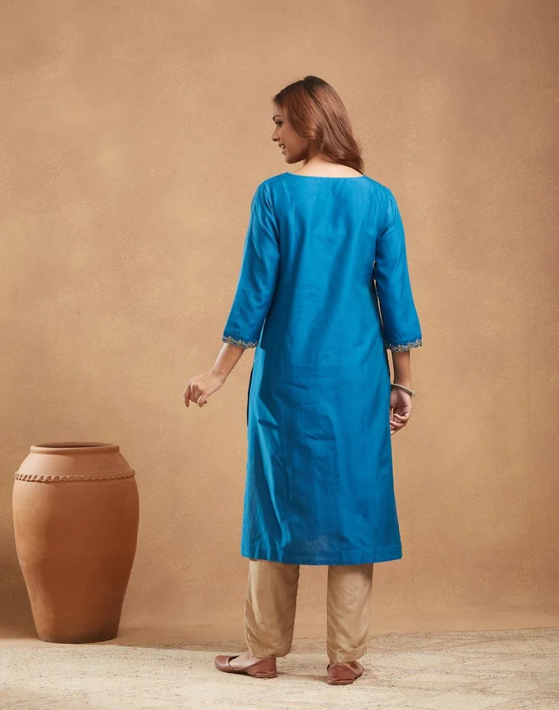 Fabindia  Blue Cotton Silk Hand Embroidered Long Kurta for Women | Best Price UAE