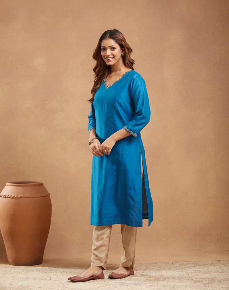 Fabindia  Blue Cotton Silk Hand Embroidered Long Kurta for Women | Best Price UAE