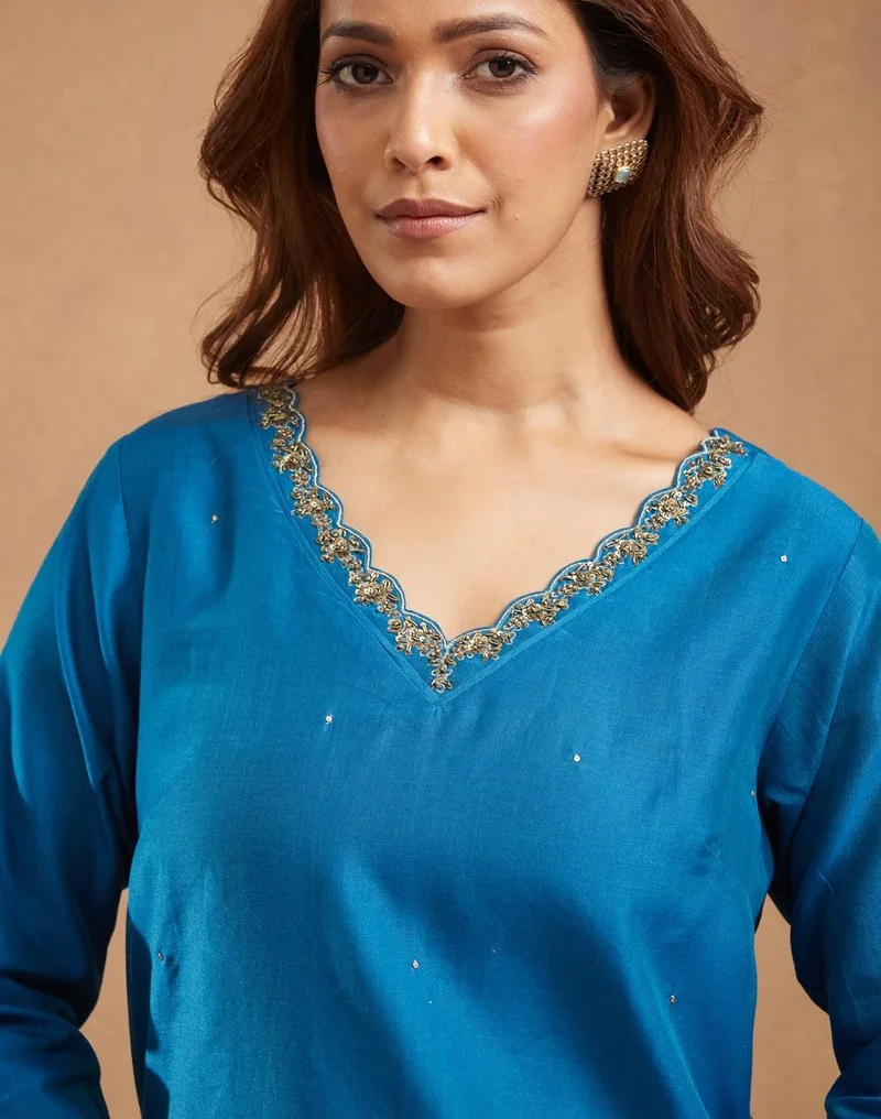 Fabindia  Blue Cotton Silk Hand Embroidered Long Kurta for Women | Best Price UAE