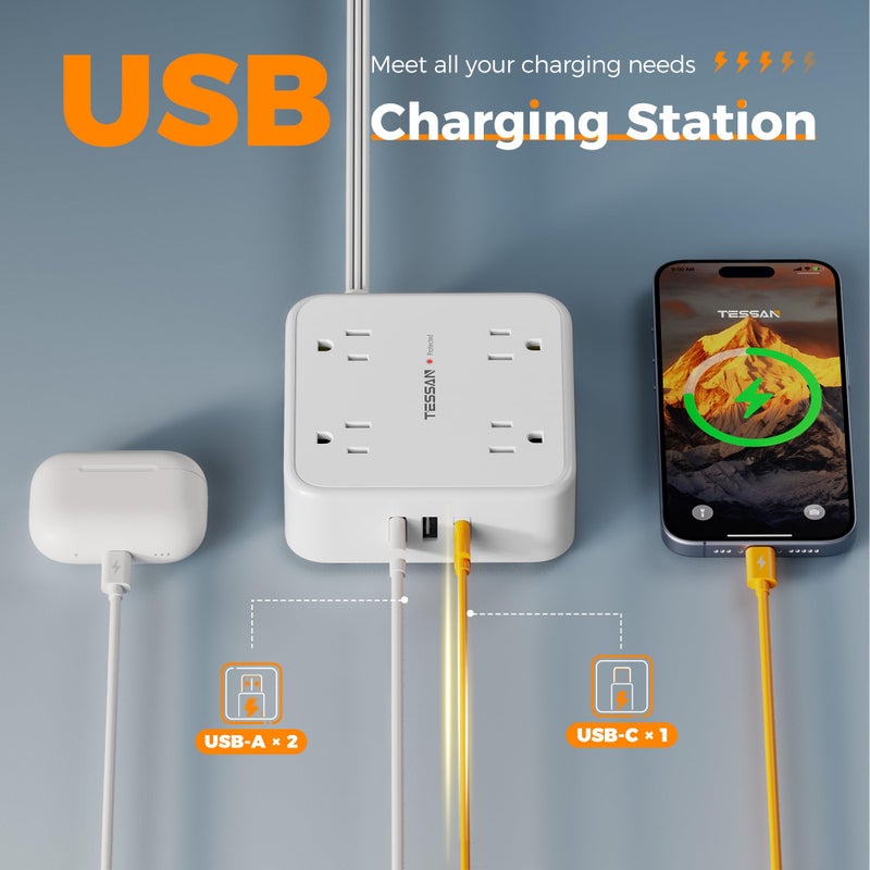 TESSAN Surge Protector Power Strip, TESSAN 15 FT White Extension Cord Flat Plug with 8 AC Outlets 3 USB Ports (1 USB C), 900J Surge Protection, 3 Sided Wall Mountable Outlet Extender for Office Dorm Room - Image 4