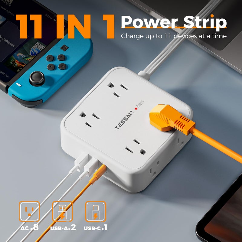 TESSAN Surge Protector Power Strip, TESSAN 15 FT White Extension Cord Flat Plug with 8 AC Outlets 3 USB Ports (1 USB C), 900J Surge Protection, 3 Sided Wall Mountable Outlet Extender for Office Dorm Room - Image 3