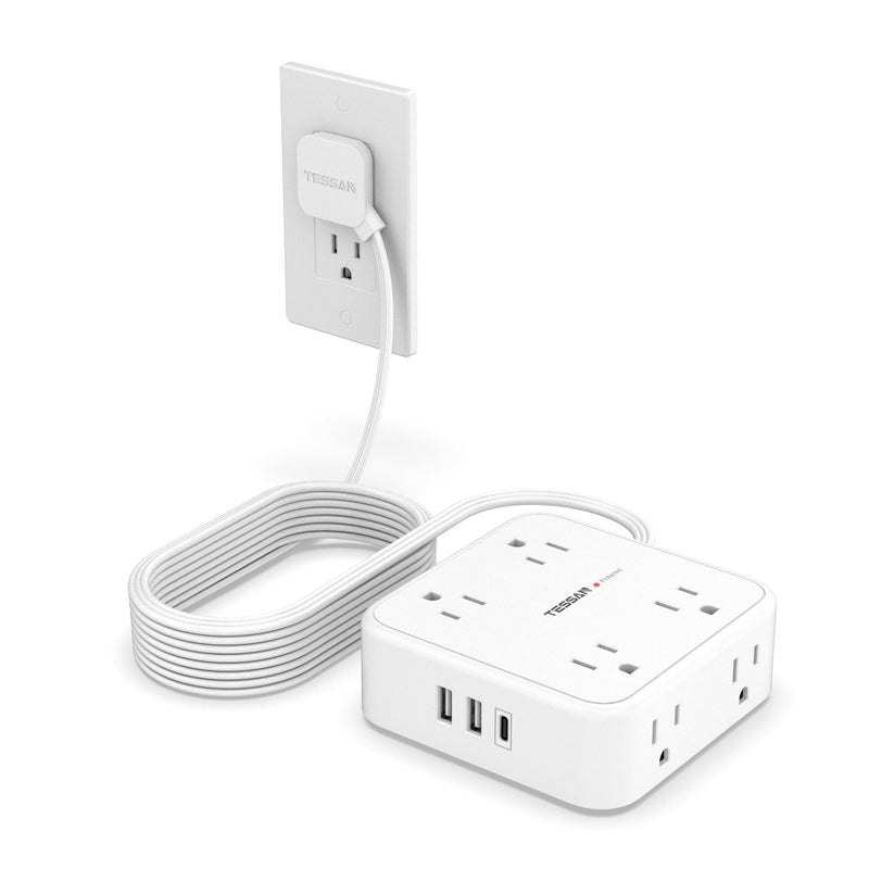TESSAN Surge Protector Power Strip, TESSAN 15 FT White Extension Cord Flat Plug with 8 AC Outlets 3 USB Ports (1 USB C), 900J Surge Protection, 3 Sided Wall Mountable Outlet Extender for Office Dorm Room - Image 1