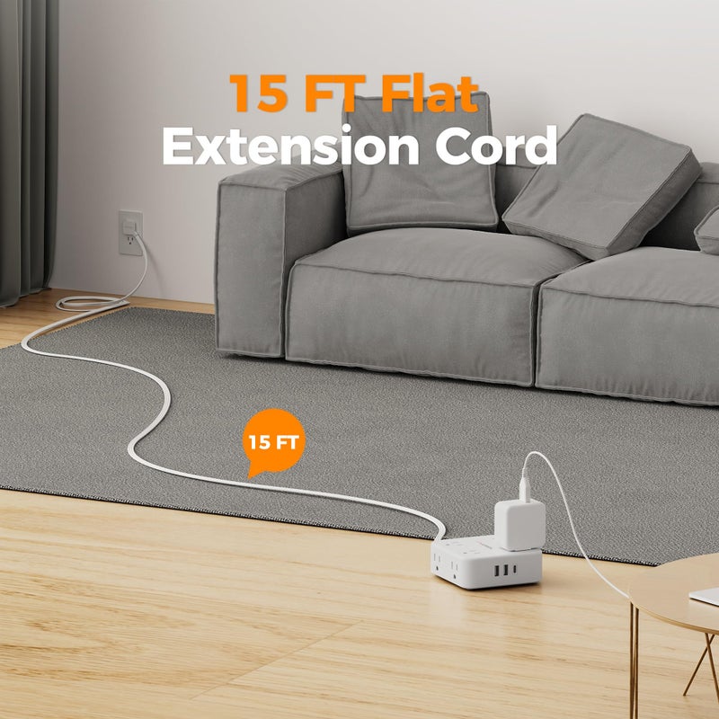 TESSAN Surge Protector Power Strip, TESSAN 15 FT White Extension Cord Flat Plug with 8 AC Outlets 3 USB Ports (1 USB C), 900J Surge Protection, 3 Sided Wall Mountable Outlet Extender for Office Dorm Room - Image 2