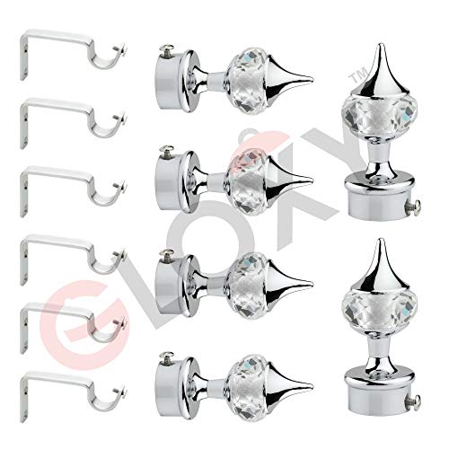 GLOXY Enterprise Aluminium Single Diamond Curtain Brackets Parda Holders with Support Fittings 1 Inch Rod Pocket Finials Designer Door and Window (Silver 3 Pair) - Image 1