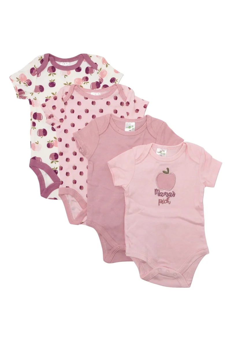 Bambimici Bambimici Apple Print Babysuit 4-Piece Set with Headbands - Pink