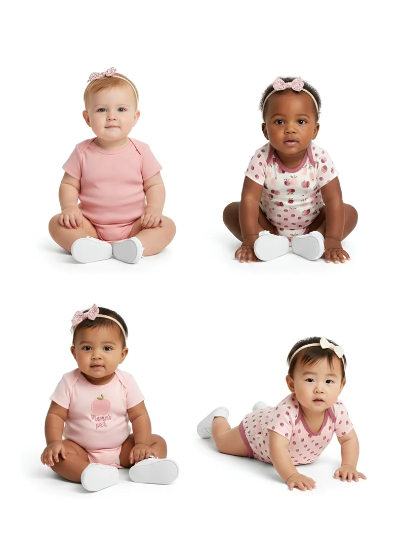 Bambimici Bambimici Apple Print Babysuit 4-Piece Set with Headbands - Pink