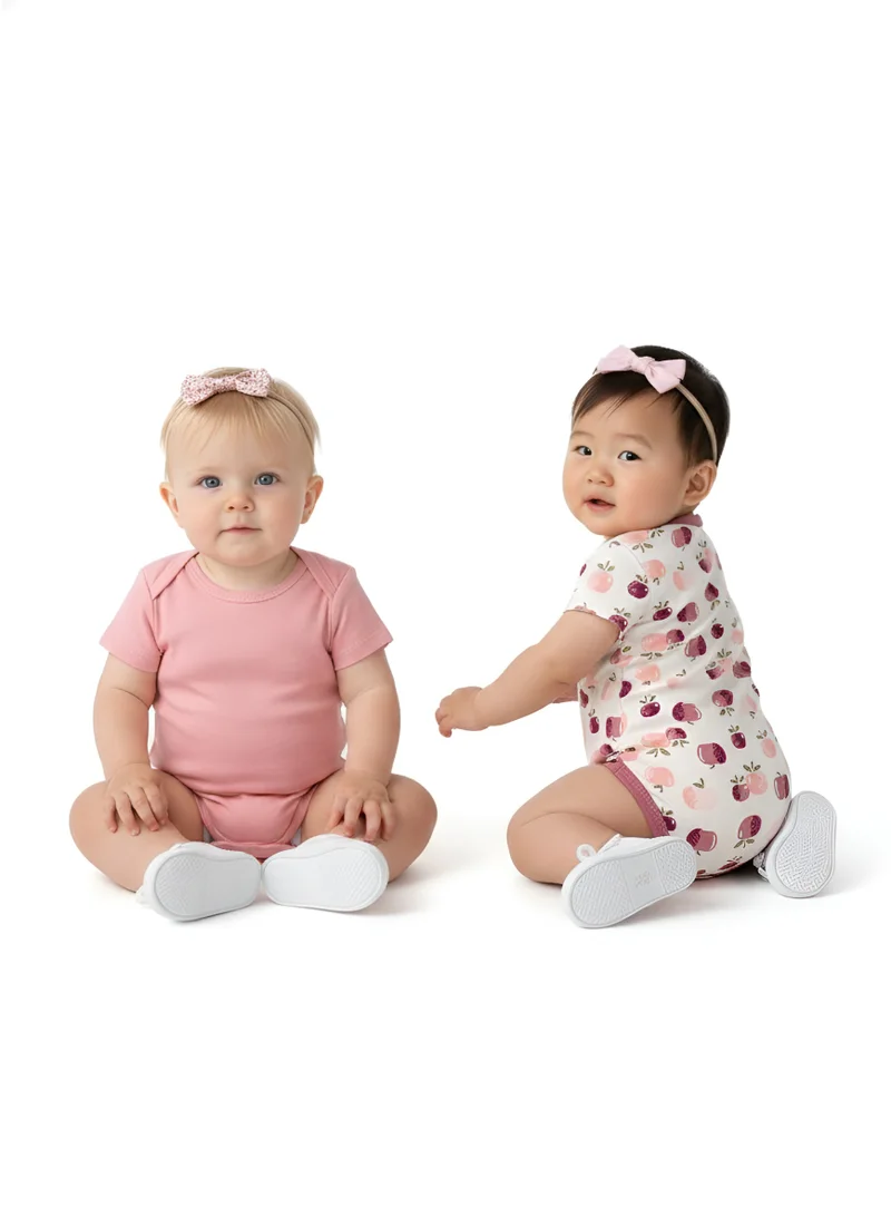 Bambimici Bambimici Apple Print Babysuit 4-Piece Set with Headbands - Pink