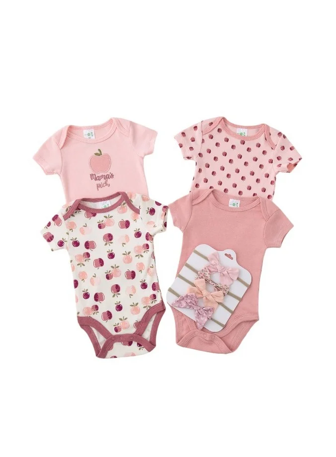 Bambimici Bambimici Apple Print Babysuit 4-Piece Set with Headbands - Pink