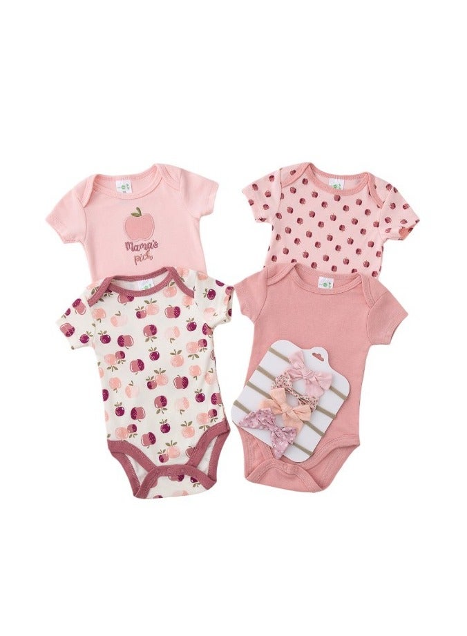 Bambimici Bambimici Apple Print Babysuit 4-Piece Set with Headbands - Pink  - Image 1