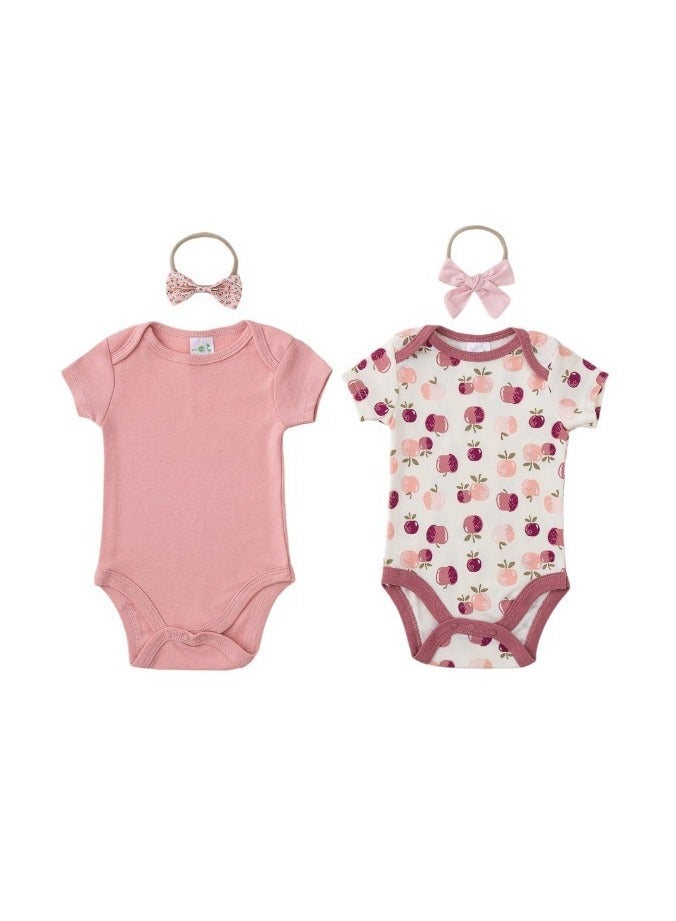 Bambimici Bambimici Apple Print Babysuit 4-Piece Set with Headbands - Pink  - Image 4