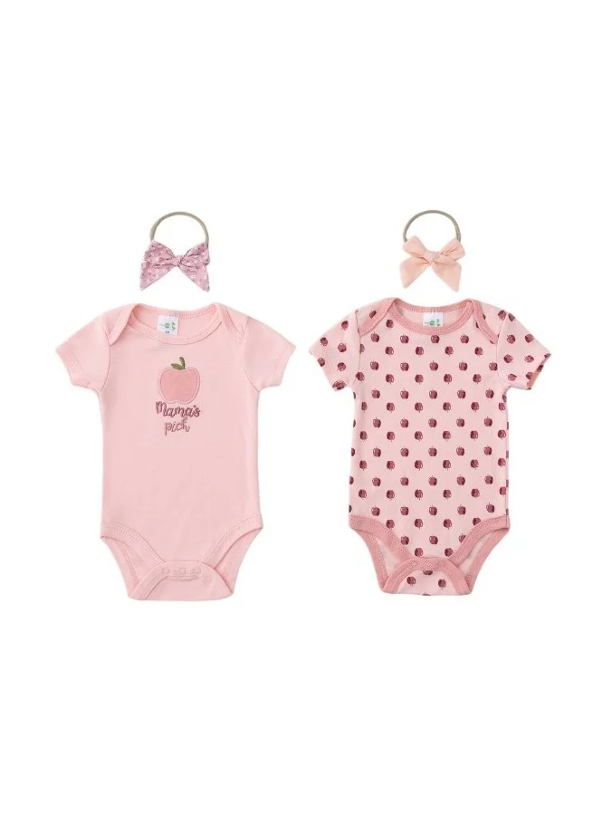 Bambimici Bambimici Apple Print Babysuit 4-Piece Set with Headbands - Pink