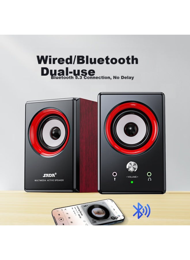 مكبر صوت بلوتوث متعدد الوسائط خشبي، سلكي USB لسطح المكتب، مضخم صوت للمنزل واللابتوب، مكبر صوت صغير 2.0 مع سماعات رأس وميكروفون، V-122