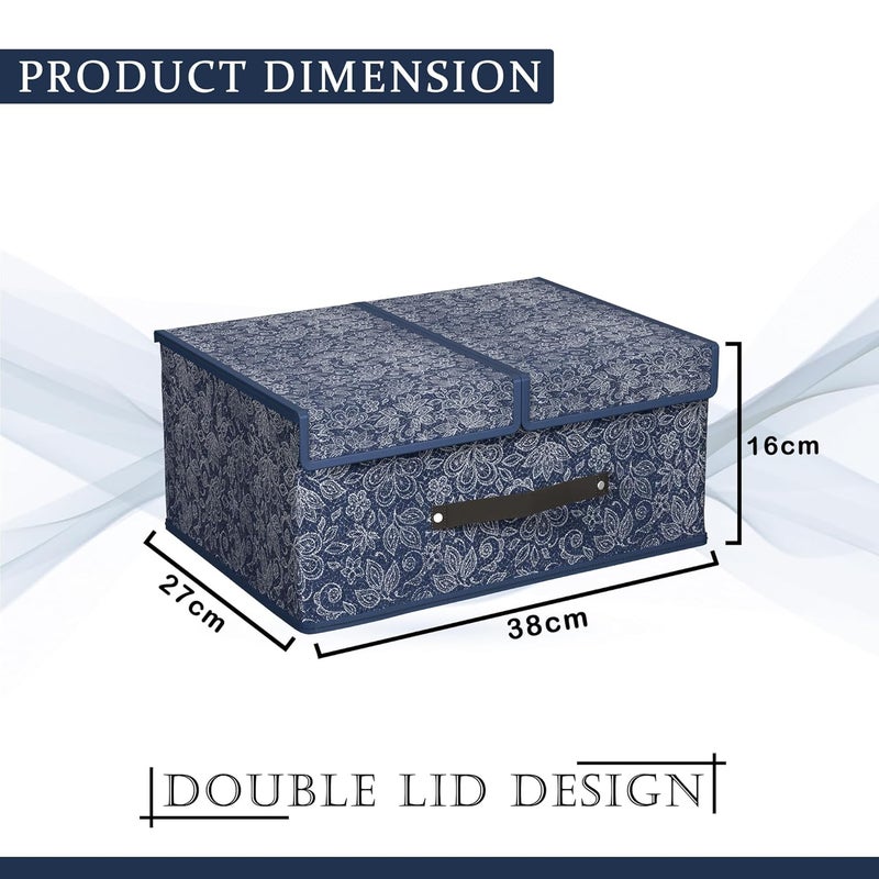 Kuber Industries Pack of 2 Cloth Organizer for Wardrobe Small Foldable Storage Box with Double Lid Drawer Organiser White Navy Blue - Image 3