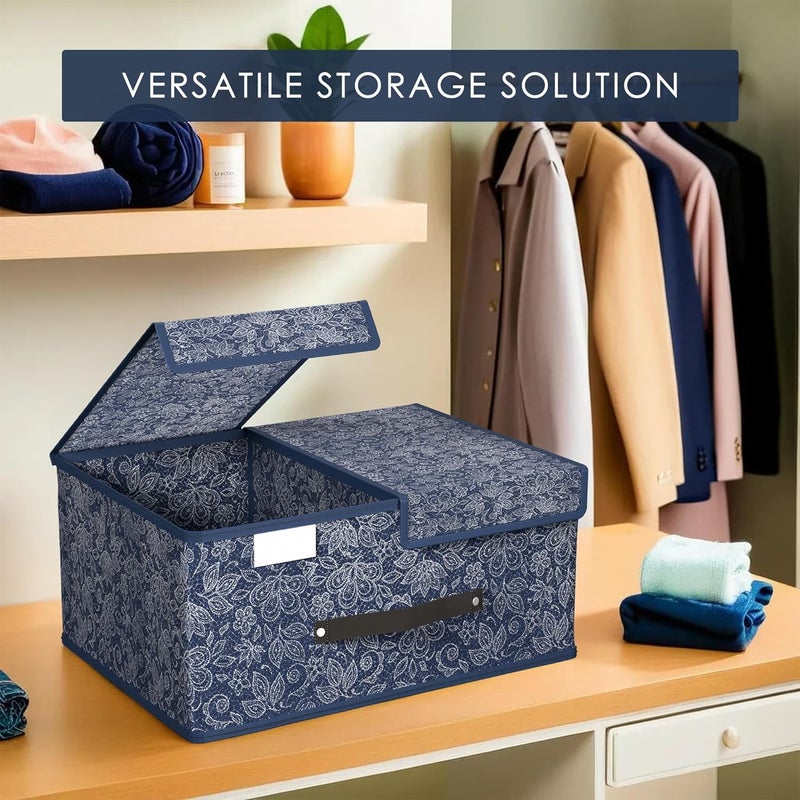 Kuber Industries Pack of 2 Cloth Organizer for Wardrobe Small Foldable Storage Box with Double Lid Drawer Organiser White Navy Blue - Image 5