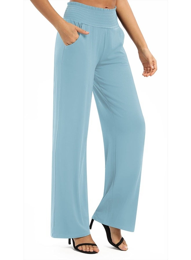 EXCHIC Women's Solid Loose Straight Leg Palazzo Pants High Waist Stretchy Lounge Trousers with Pockets (L, Light Blue) - Image 4