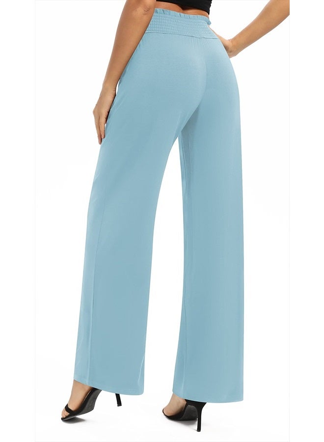 EXCHIC Women's Solid Loose Straight Leg Palazzo Pants High Waist Stretchy Lounge Trousers with Pockets (L, Light Blue) - Image 5