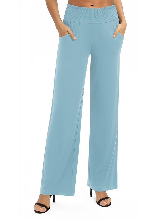 EXCHIC Women's Solid Loose Straight Leg Palazzo Pants High Waist Stretchy Lounge Trousers with Pockets (L, Light Blue) - Image 1