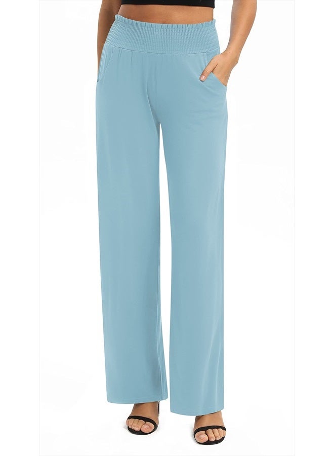 EXCHIC Women's Solid Loose Straight Leg Palazzo Pants High Waist Stretchy Lounge Trousers with Pockets (L, Light Blue) - Image 2