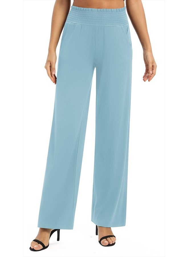 EXCHIC Women's Solid Loose Straight Leg Palazzo Pants High Waist Stretchy Lounge Trousers with Pockets (L, Light Blue) - Image 3