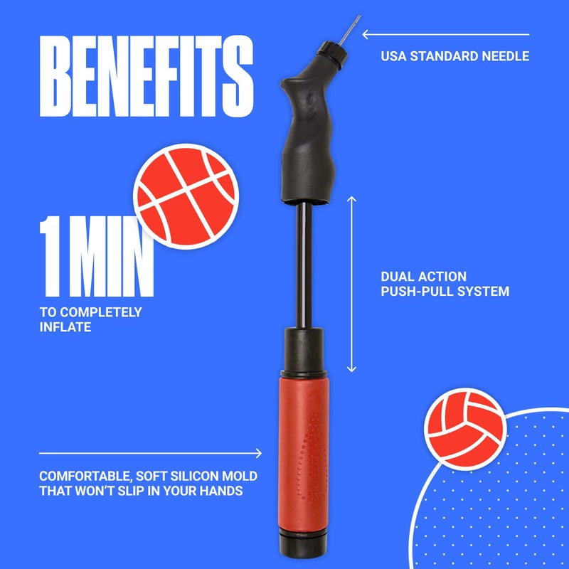 SPORTBIT Ball Pump for Sports Balls - Push & Pull Inflating System - Hand Pump for All Exercise Balls - Volleyball Pump, Basketball Inflator, Football & Soccer Ball Air Pump - Goes with 5 Needles Set - Image 3