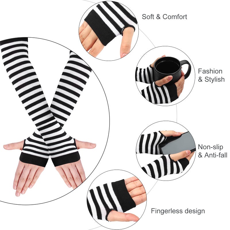 SATINIOR 6 Pairs Long Fingerless Gloves for Women Knit Thigh High Striped Arm Warmer Thumb Hole Stretchy Gloves(Bright Color) - Image 4
