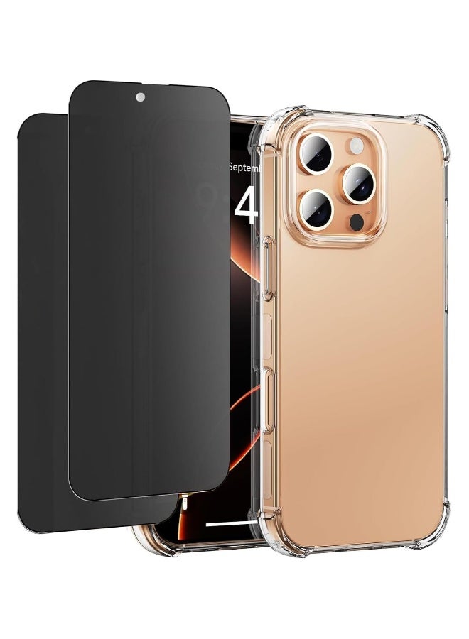 دوسالا جراب هاتف متوافق مع هاتف iPhone 16 Pro، جراب شفاف من قطعة واحدة مع 4 زوايا لحماية ضد الصدمات وحماية الكاميرا وغطاء مضاد للسقوط مع قطعتين من واقي الشاشة الخصوصية 5D لهاتف iPhone 16 Pro (عبوة من 3 قطع) - Image 1