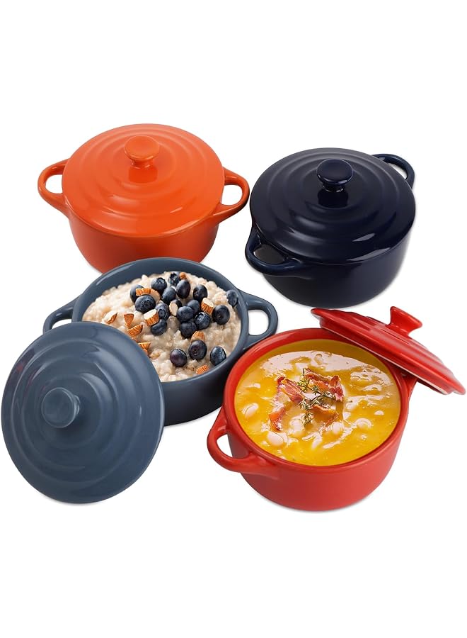 4 Pack 8 oz Porcelain Ramekins with Lids and Handles - Oven Safe Individual Baking Dishes for Souffle, Creme Brulee, Cocotte, and Desserts - Multi-Color Small Casserole Bowls for Serving & Baking