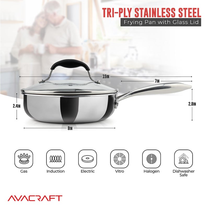 AVACRAFT 8 Inch Tri-Ply Stainless Steel Frying Pan with Lid, Side Spouts, Induction Pan, Versatile Stainless Steel Skillet, Fry Pan in our Pots and Pans (Tri-Ply Stainless Steel, 8 Inch) - Image 2