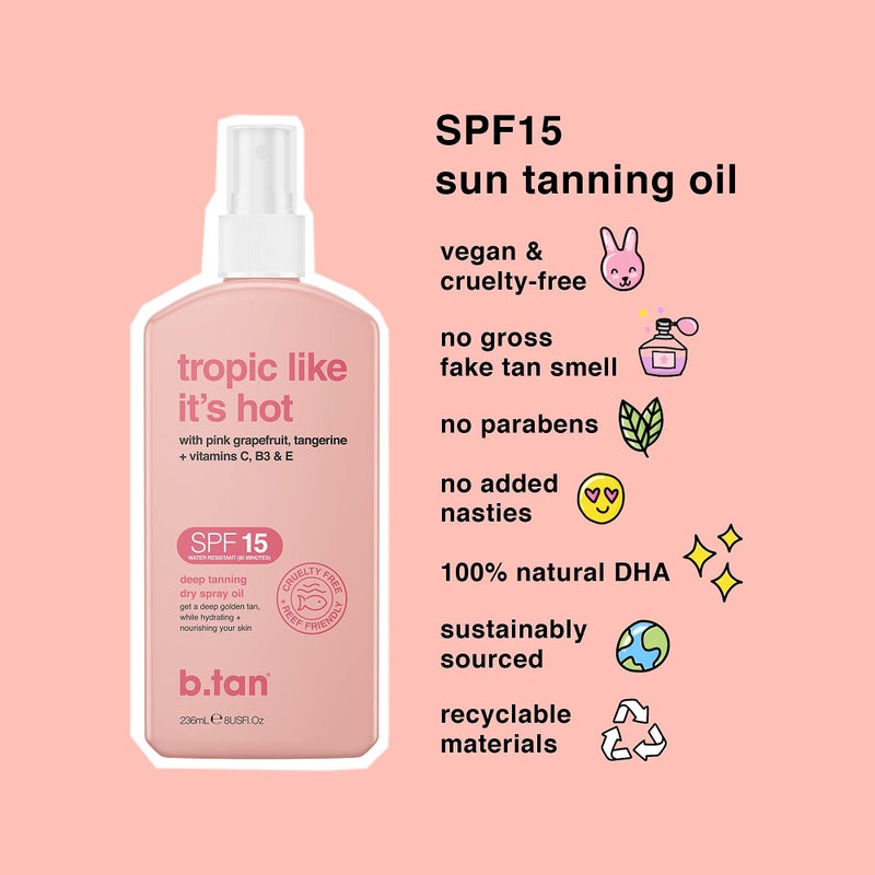 b tan b.tan SPF 15 Deep Tanning Oil Dry Spray | Tropic Like It's Hot - Best, Best Outdoor Bronzing Mist, Moisturizing Grapefruit, Tangerine, Vitamins C, B3, & A, Austrailian Brand, 8 Fl Oz - Image 3