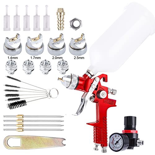 Pindex HVLP Spray Gun Kit with 1000cc Cup4 Replaceable Brass Nozzles and Needles 14mm 17mm 20mm 25mm Fluid TipsGravity Feed Spray Paint Gun Kit