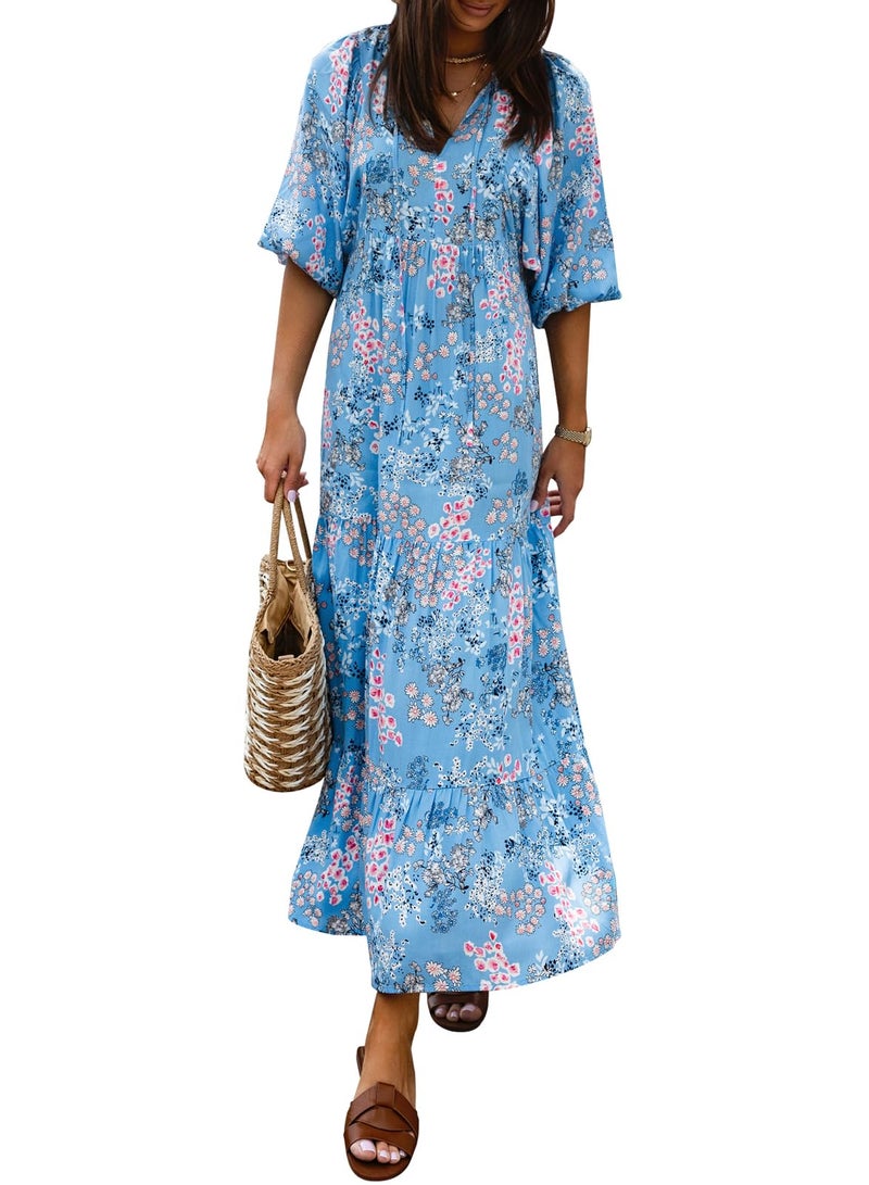 miduo Womens Maxi Dress Fashion V Neck Summer Short Sleeve Floral Bohemian Boho Beach Long Dresses Garden Dresses S - Image 1
