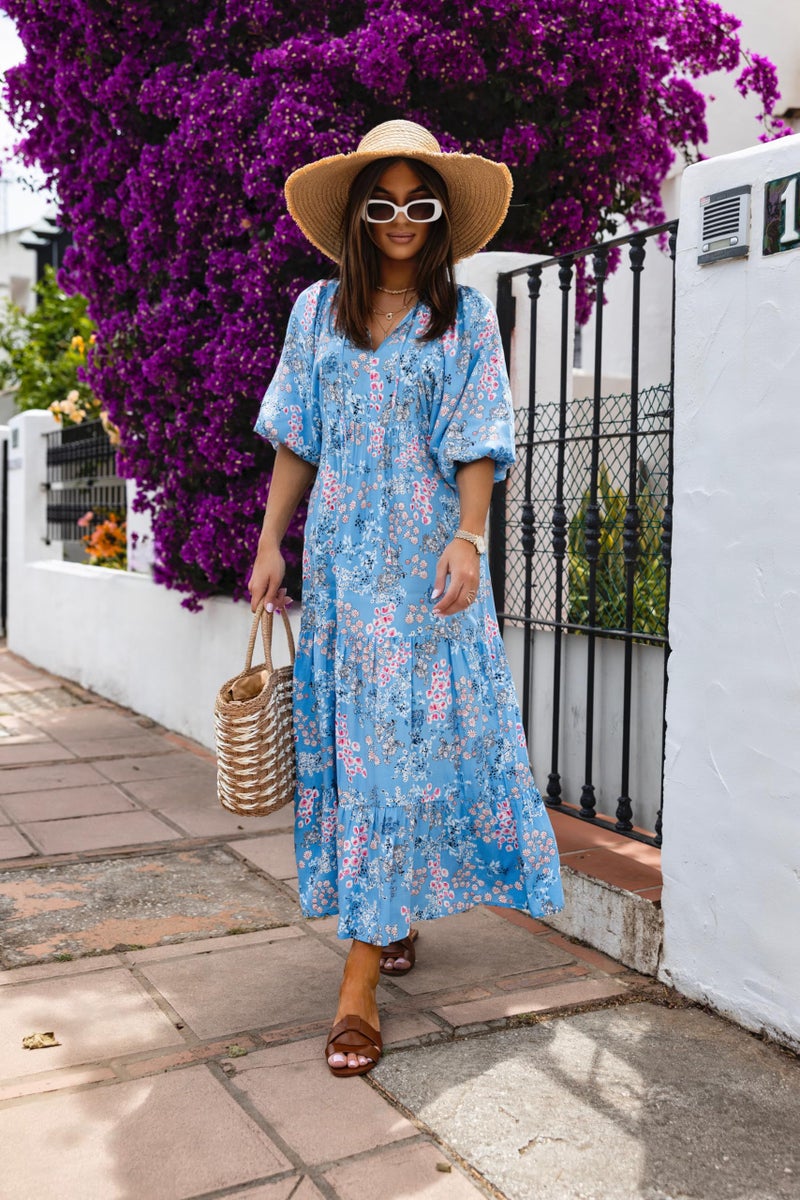 miduo Womens Maxi Dress Fashion V Neck Summer Short Sleeve Floral Bohemian Boho Beach Long Dresses Garden Dresses S - Image 2